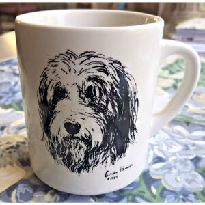Vintage English Sheep Dog Face Coffee Cup Cindy Farmer Mug Art Black White 1985